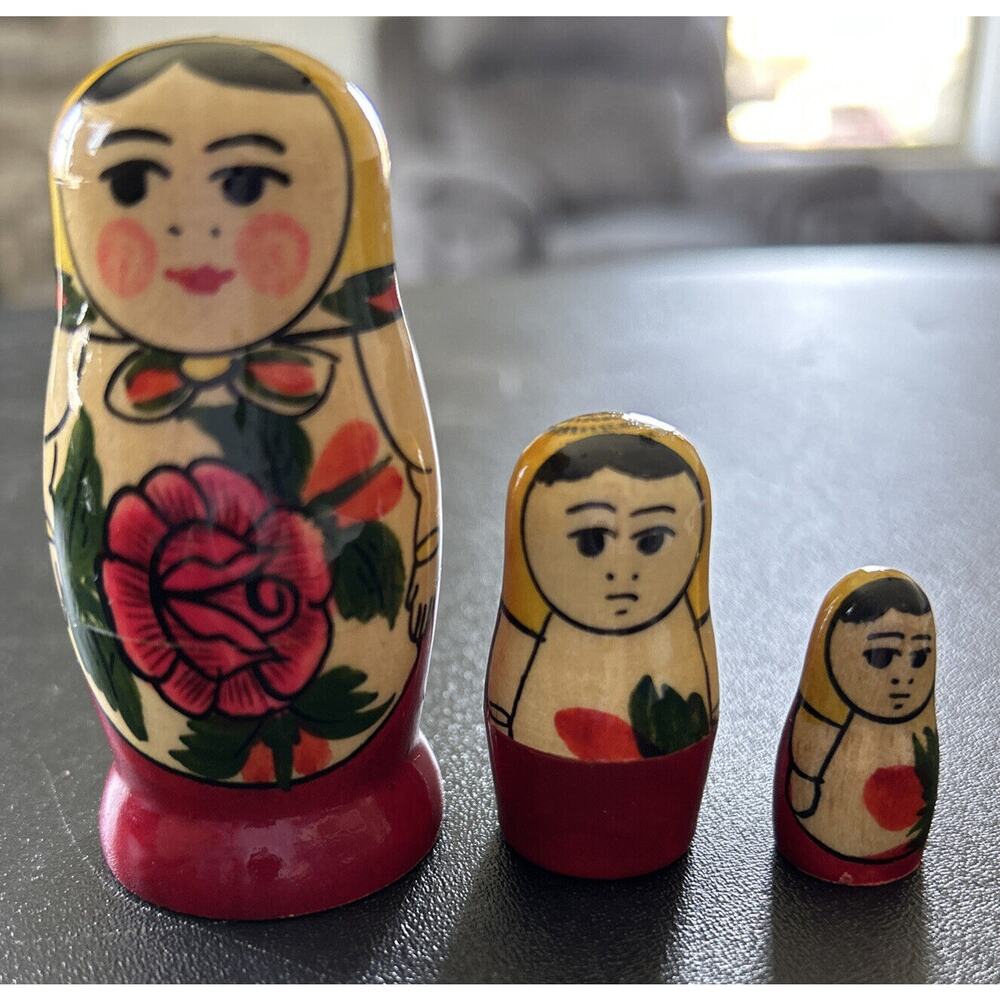 Set of 3 Wooden Painted Russian Golden Cockerel Nesting Doll Stacking Vintage